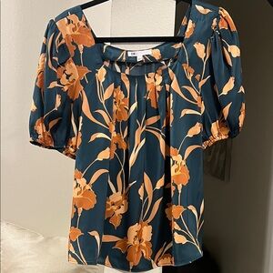 DR2 Rich Teal and Salmon / Apricot Floral Blouse, Size L